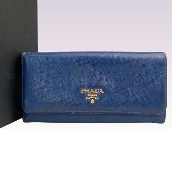 Prada Saffiano Blue Long Leather Bifold Wallet - Picture 1 of 9